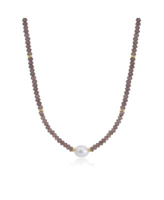 Smoky Quartz Bead Pearl Necklace 14K Gold