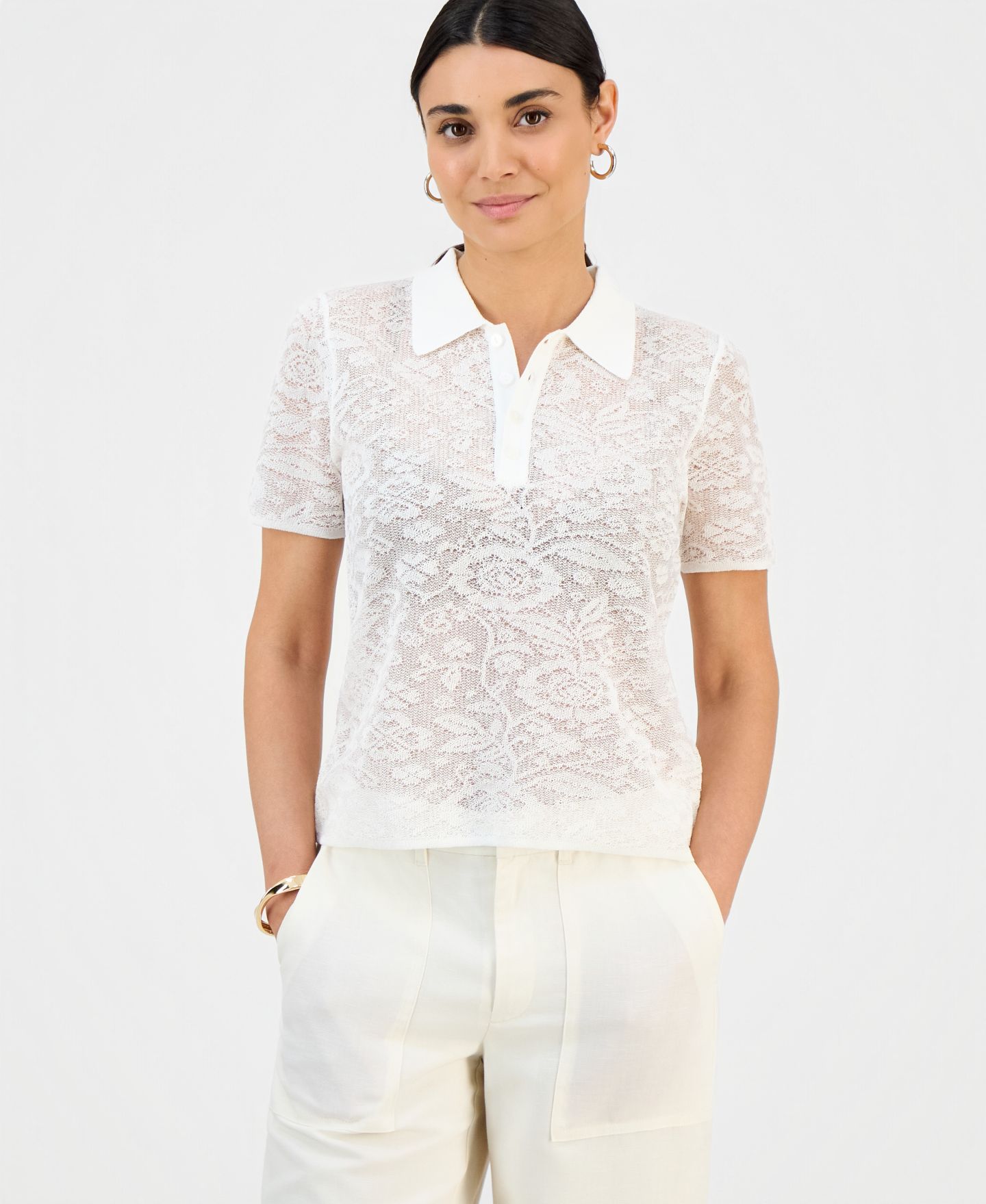Женский топ I.N.C. International Concepts Petite Collared Jacquard Top, цвет: Яркий белый — фото 1