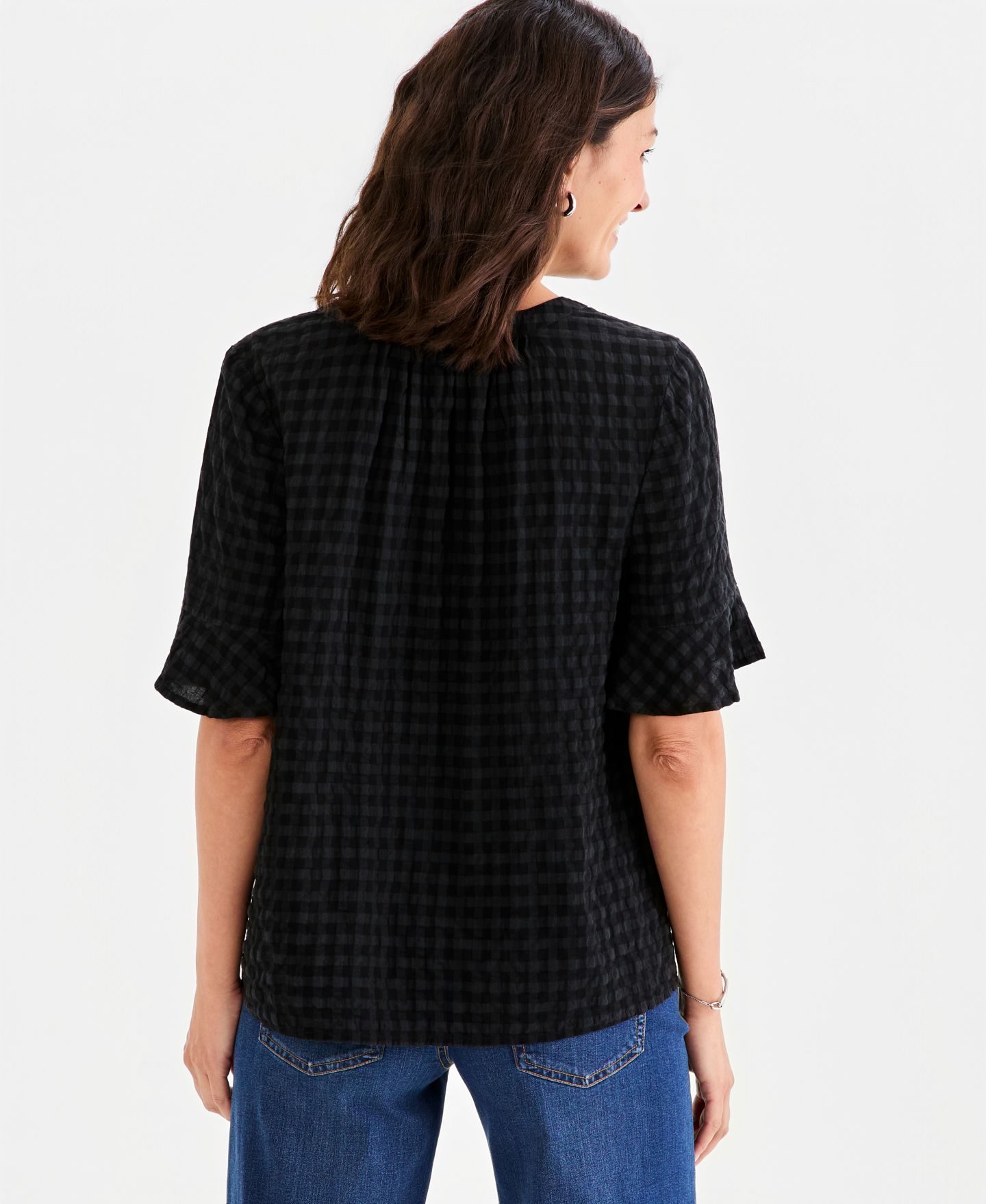 Женский топ Style & Co Seersucker Split-Neck Popover, цвет: Глубокий чёрный — фото 2