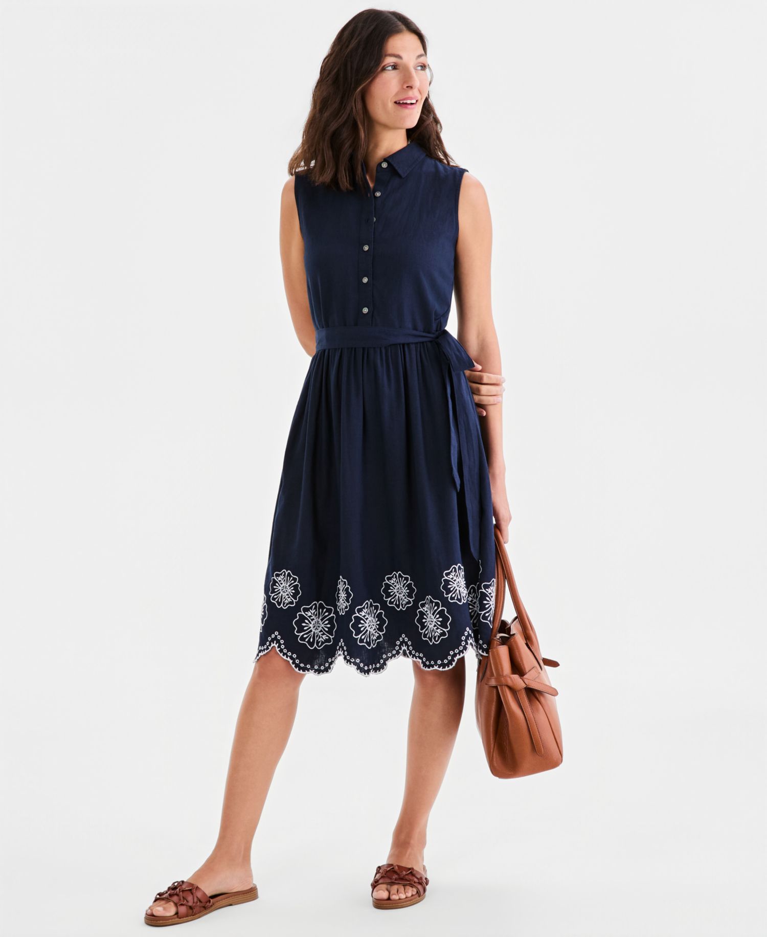 Women's Sleeveless Embroidered-Hem Shirtdress