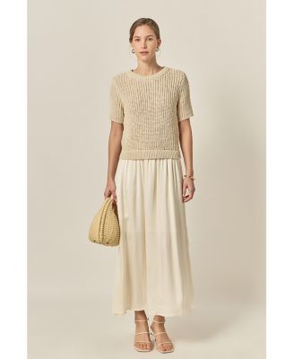 Women's Satin Contrast Mixed Media Midi Dress