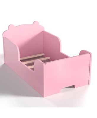 Twin Size Wooden Kids Floor Bed Frame, Platform Bed with Bear Headboard and Safety Rails for Boys Girls Ages 3-6