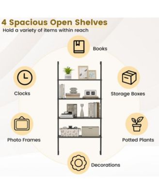 4-Tier Ladder Shelf Open Wall Mounted Bookcase with Wooden Boards and Metal Frame