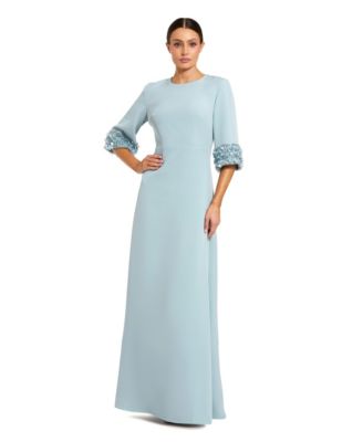 Women's A-Line Crepe Gown with Embellished Three-Quarter Sleeves