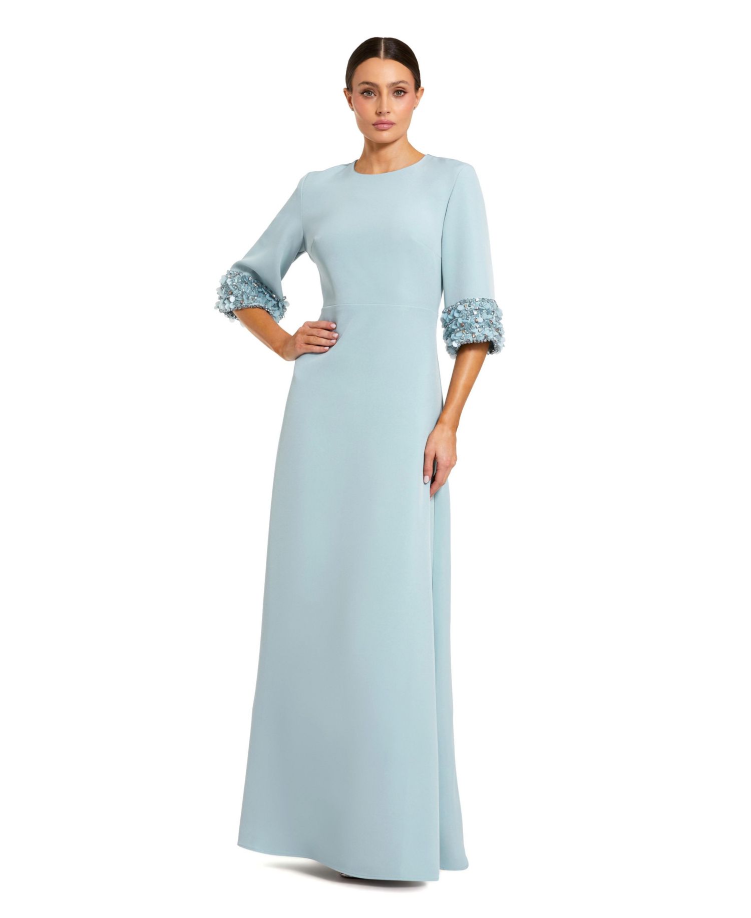 Women's A-Line Crepe Gown with Embellished Three-Quarter Sleeves