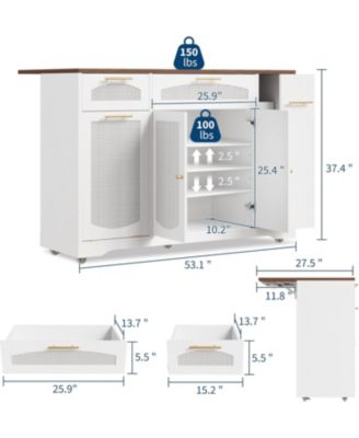 Rattan Rolling Kitchen Island Table on Wheels with Drop Leaf, Tilt Out Trash Can Cabinet with 2 Door, Storage Cabinet, 2 Drawer, Spice Rack