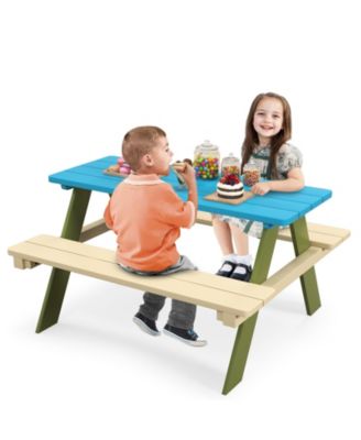 Kids Wooden Picnic Table Set Toddler Activity and Dining Table with Built-in Benches
