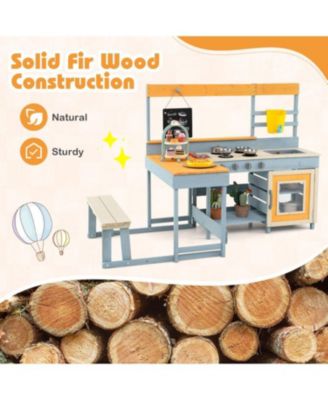 Fir Wood Play Kitchen with Picnic Table and Built-in Bench for Kids