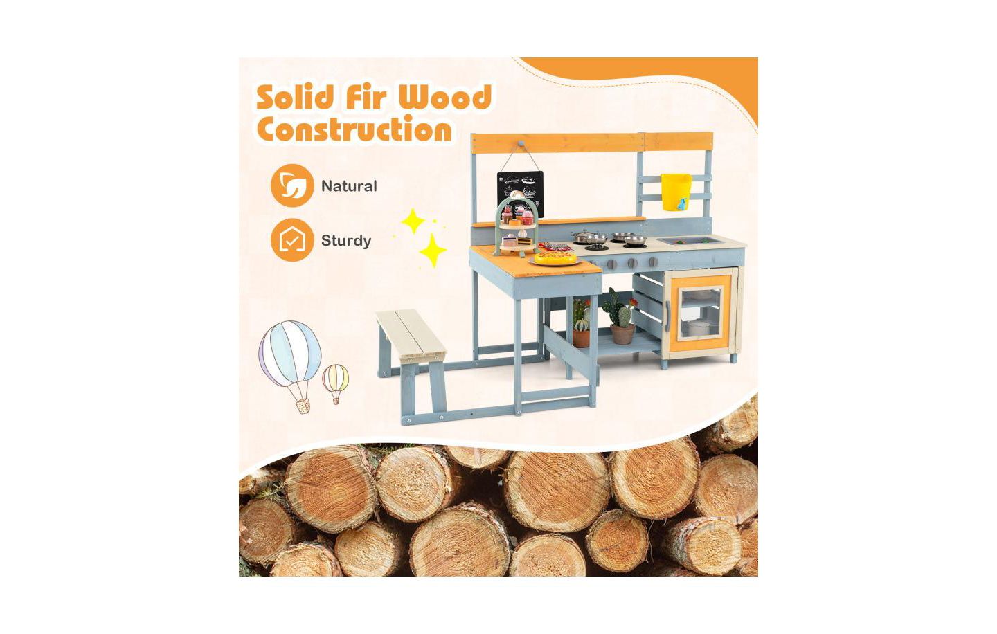 Детская игрушка HONGGE Fir Wood Play Kitchen with Picnic Table and Built-in Bench for Kids, цвет: Серый — фото 10
