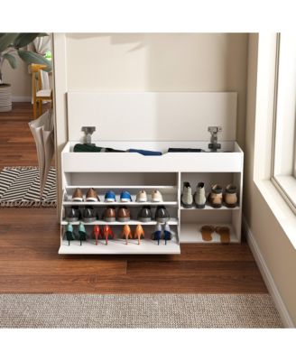 Shoe Bench - Entryway Ottoman with Adjustable 3-Tier Flip-Up Drawers, Hidden Cabinet and Shelf for Living Room, Hallway