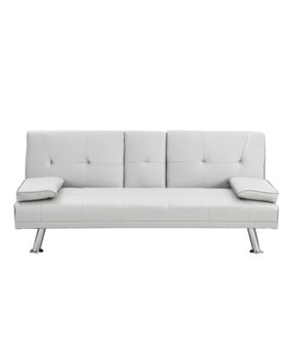 Convertible Futon Sofa Bed, Reversible Loveseat Daybed with 2 Cup Holder, Wood Frame and Stainless Legs for Living Room