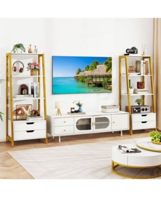 Tall 4 Tier Ladder Shelf Bookcase with 2 Drawers Storage Organizer