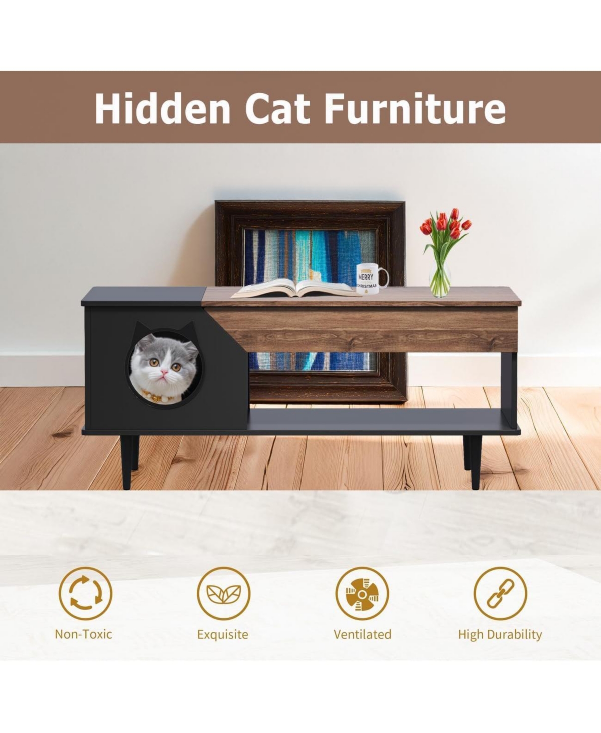 gaomon 45 in Coffee Table Cat Tables Living Room with Storage Drawer, Wooden Rustic Coffee Tables with Cat House, Hidden Kitty Food Table Litter Box