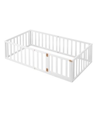 Twin Size Wood Floor Bed Frame with Surrounding Fence Removable Door and Open Row Design