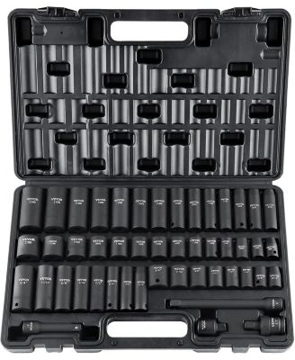 Rive Impact Socket Set, 48 Piece Socket Set SAE and Metric 8-22mm 6 Point Cr-V Drive Extension Bar Universal Joint and Power Drill Adapter