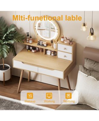 Makeup Vanity Desk with Adjustable Lighted Mirror, Dressing Table with Solid Wood Table feet, 3 Open Shelves and 2 Large Drawers for Bedroom