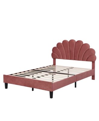 Upholstered Platform Bed Flower Pattern Velvet Headboard Bean Paste Red No Box Spring Needed