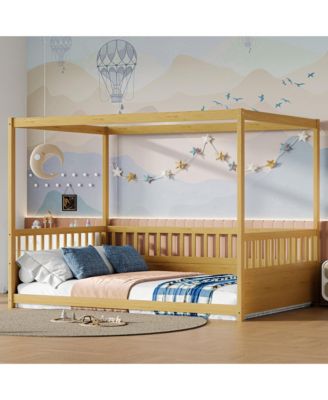 Wooden Canopy Floor Bed With Guardrails Four Poster Design Natural For Kids