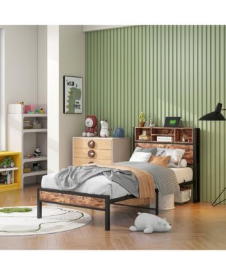 Metal Bed Storage Headboard Charging Station Bookcase