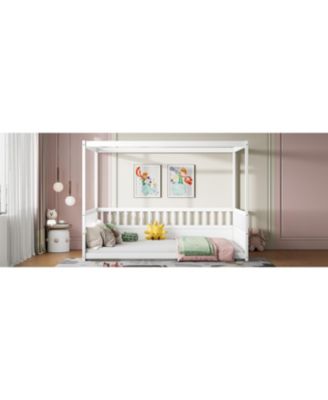 Wooden Canopy Floor Bed With Guardrails Four Poster Design For Kids