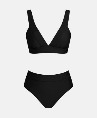 Women's V-Neck High-Waist Bikini Set with Wide Waistband
