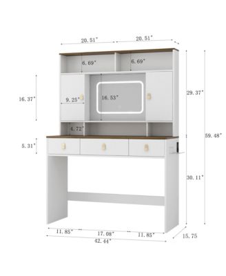 Farmhouse Makeup Vanity Desk - 43" Wide Dressing Table with Lighted Mirror, Power Outlet, Open Shelves, Side Cabinet and Drawers for Bedroom