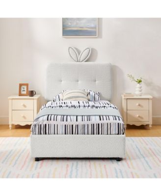 Twin Size Upholstered Kids Platform Bed, Boucle Fabric Bed Frame with 4 Storage Drawers, LED Lighting and Rabbit Ear Headboard for Boys Girls