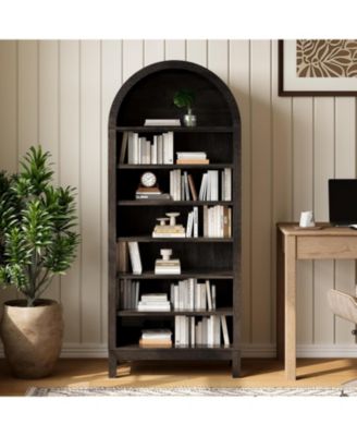 71'' tall bookshelf with 7 tiers, arched design, adjustable shelves, and freestanding modern open display unit for the living room.
