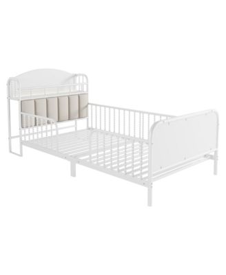 Metal Platform Bed With LED Light Velvet Upholstered Headboard Storage