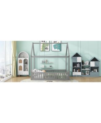 Wood House Bed With Fence Door Gray Distressed Washed Pine Wood MDF