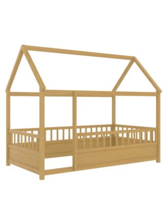 Wooden Floor Bed With House Roof Frame And Fence Guardrails For Kids