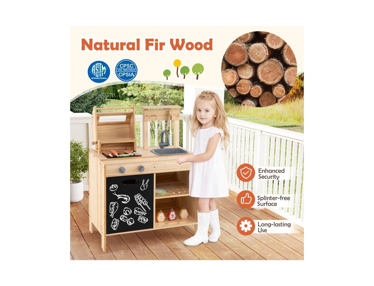 Hongge Wooden Barbecue Grill Playset with Chalkboard, Sink, and Cabinet