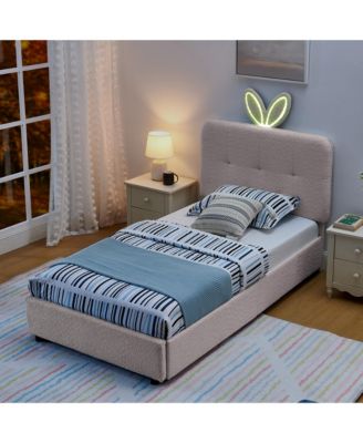 Kids Upholstered Bed Frame, Boucle Platform Bed with 4 Storage Drawers, LED Light and Rabbit Ear Shaped Headboard for Boys Girls