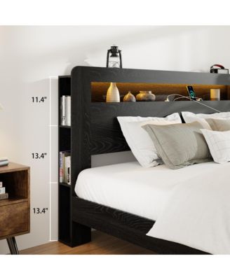 Bed Frame, Wood Platform Bed with Storage LED Light Headboard, 2 USB and Large Under Bed Storage for Bedroom