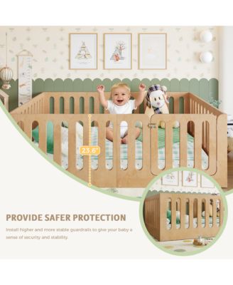 Kids Floor Bed, Solid Wood Frame with High Fence and Door, Low-Profile Montessori Bed for Boys Girls, No Box Spring Needed