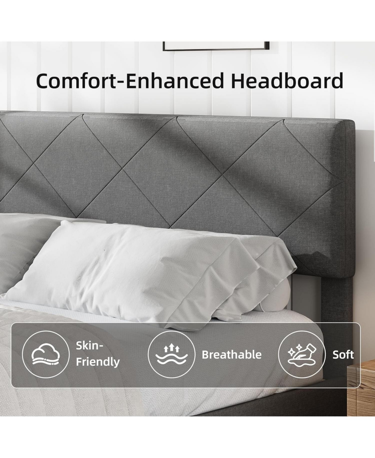 gaomon Bed Frames with Upholstered Storage Headboard, Platform Bed with Bookshelf