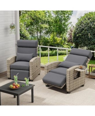 PE Wicker Outdoor Recliner Lounge Chair with 145° Recline, Footrest and Side Table, Cushioned Patio/Poolside/Balcony Chair