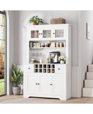 68.7" Coffee Bar Cabinet with LED Light & Power Outlet, Farmhouse Kitchen Hutch with 2 Storage Drawers, Wine Glass Rack, Adjustable Shelves