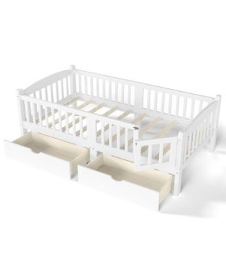 Twin Size Low Bed Frame, Wood Kids Platform Bed with Storage Drawers and Full-length Guardrails for Girls Boys, No Box Spring Needed