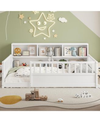 Twin Size Montessori Floor Bed - Low Profile Wooden Bed Frame with Bookcase and Guardrails for Girls, Boys