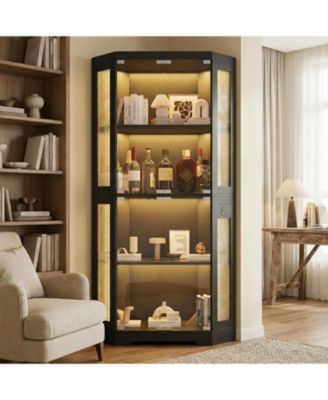 Glass Display Cabinet, 4-Tier Curio Cabinets with 3 Color Lights, Corner Bookcase for Collectibles, Storage Cabinets with Human Body Sensor