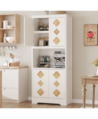 72" Tall Pantry Cabinet with Countertop, Freestanding Kitchen Hutch Storage Cupboard with Carved Door & Crystal Handle
