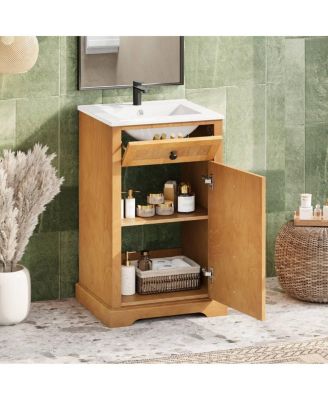 20" Natural Farmhouse Woodgrain Bathroom Vanity With Ceramic Sink, Soft-Close Door And Adjustable Shelf
