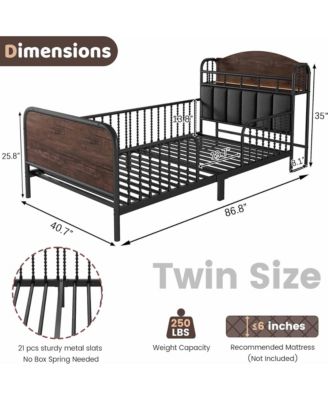Twin Size Metal Platform Bed with LED Light, Upholstered Storage Headboard and Low Profile Design for Kids Boys Girls