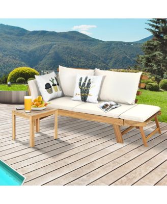 Adjustable Patio Sofa Daybed Acacia Wood Furniture w/ Cushions