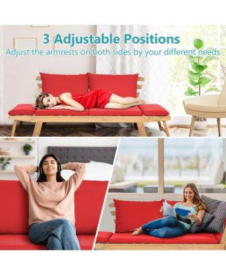 Adjustable Patio Sofa Daybed Acacia Wood Furniture w/ Cushions