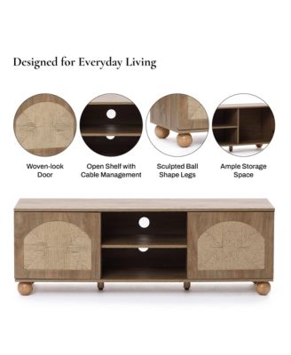 Oak Finish Engineered Wood TV Console, Round Ball Legs, Functional Storage