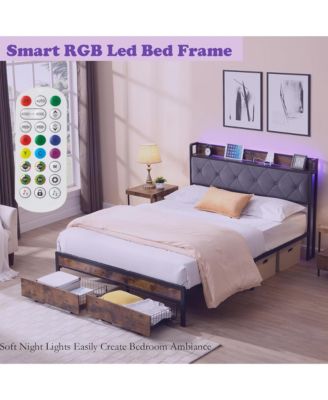 Queen Size Heavy Duty Metal Platform Bed Frame with 2 Storage Drawers, Charging Station and LED Light Upholstered Headboard for Bedroom