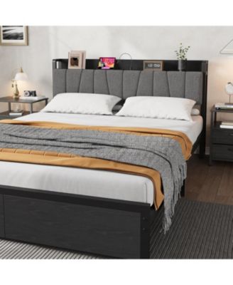 Queen Industrial Platform Bed with Storage Headboard, 2 Drawers & Charging Station, No Box Spring