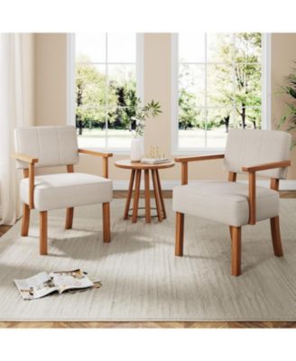 Set of 2 Mid Century Modern Accent Chairs, Linen Fabric Armchairs with Vertical Tufted Back, Upholstered Reading Lounge Chair